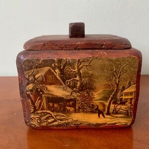 Antique Wooden Lidded Box With Nature Scenes Decoupaged Handmade